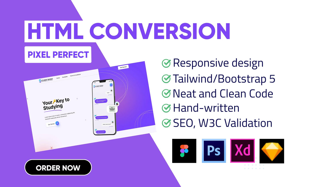 I will convert figma to html css xd to html psd to html tailwind css landing page (1 page)